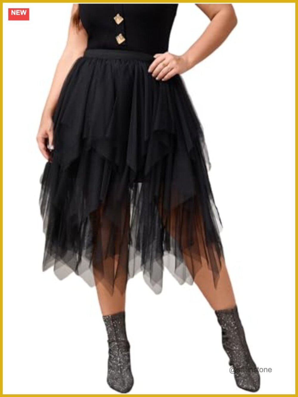 Plus Size Black Asymmetrical Tulle Midi Skirt A-Line Elastic Waist
